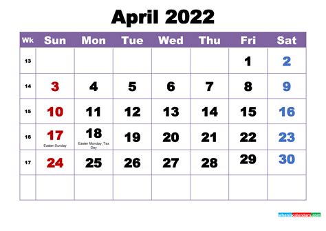 April 2022 Monthly Calendar